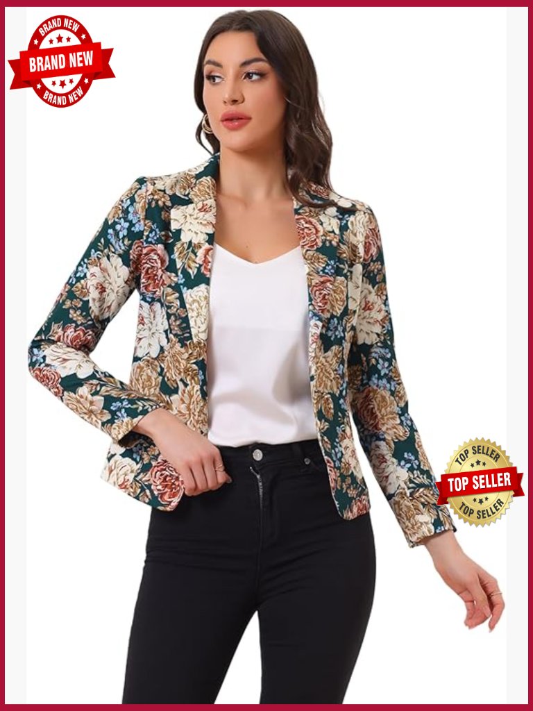 Business Casual Cropped Blazer With Floral Print Notch Lapel